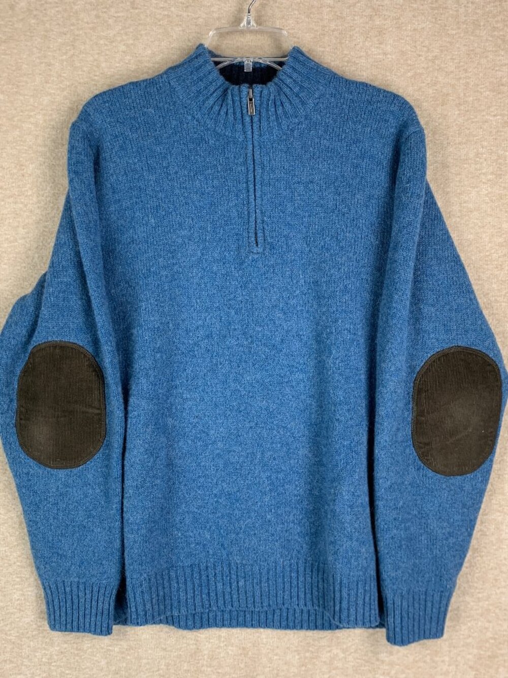 LL Bean Sweater 100% Shetland Wool Sweater Mens L Blue Elbow Patch Mock 1/4 Zip